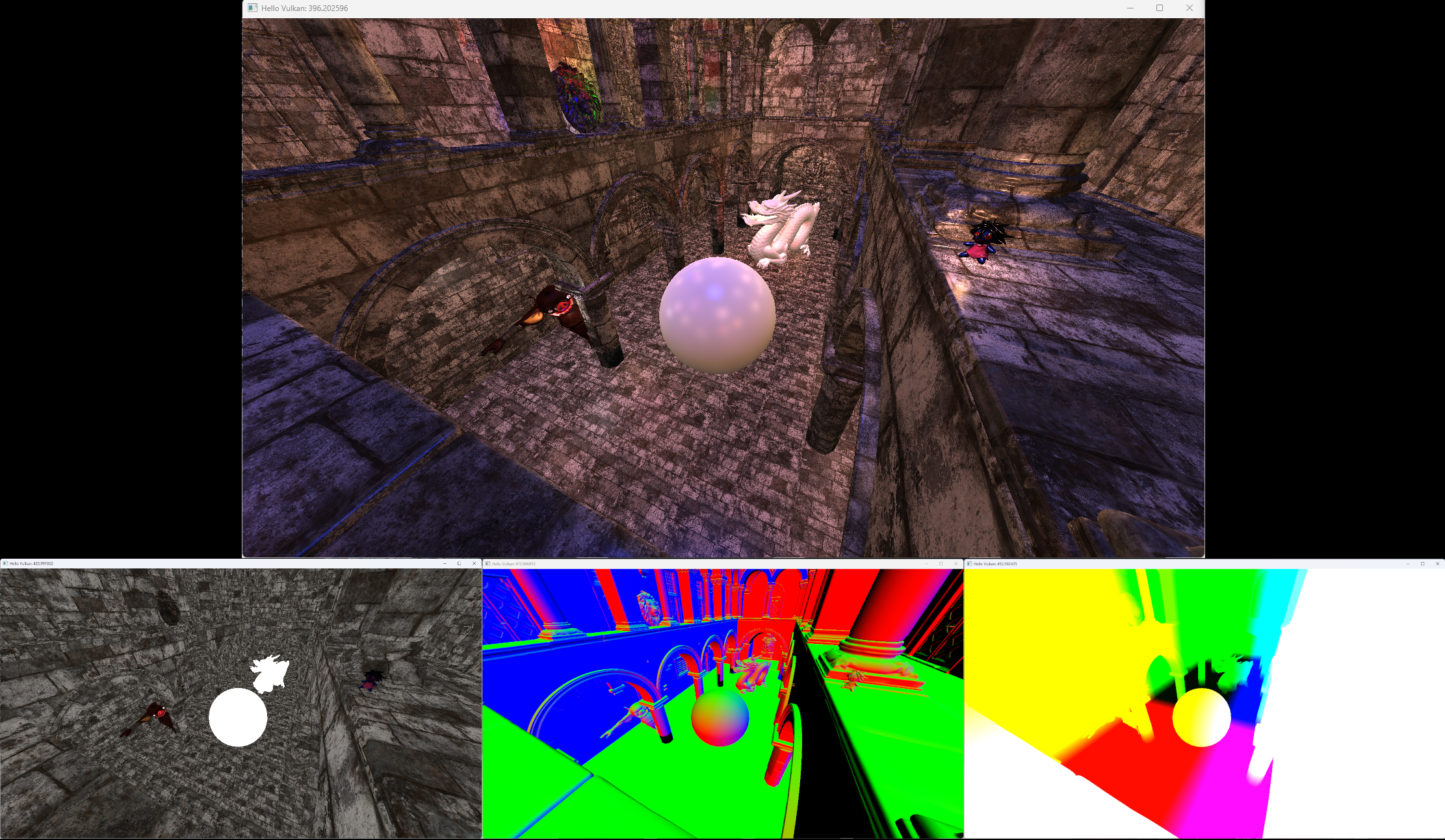 A breakdown of the G-Buffer and final composed image